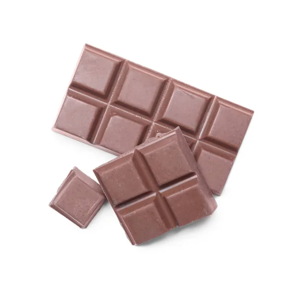 Kousky Lahodné Mléčné Čokolády Izolované Bílém Horní Pohled — Stock fotografie