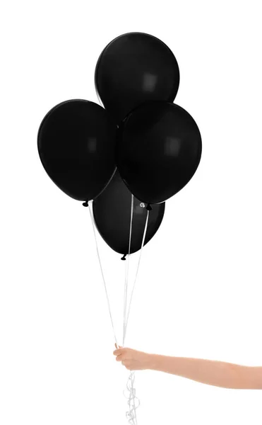 Koncepcja Black Friday Kobieta Trzyma Kilka Balonów Białym Tle Zbliżenie — Zdjęcie stockowe