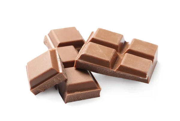 Trozos Delicioso Chocolate Con Leche Aislado Blanco —  Fotos de Stock