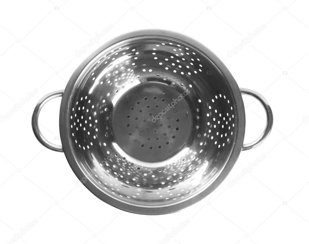 New shiny colander isolated on white, top view. Cooking utensil