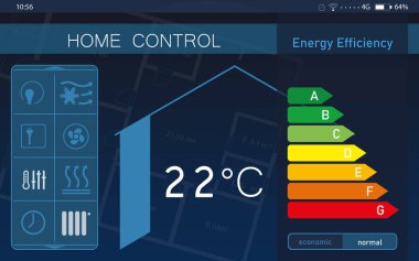 Enerji verimliliği ev kontrol sistemi. İç sıcaklık ve diğer ayarları gösteren uygulama