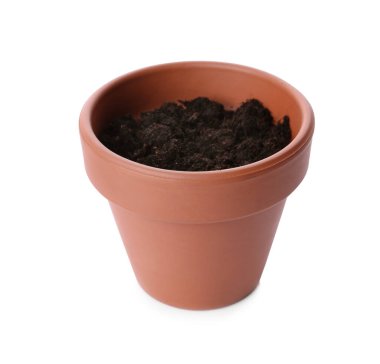 Beyazların üzerinde toprak izole edilmiş şık bir terracotta saksısı.