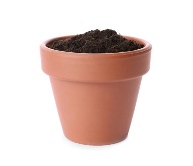 Beyazların üzerinde toprak izole edilmiş şık bir terracotta saksısı.