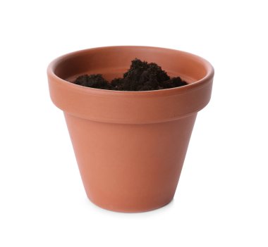 Beyazların üzerinde toprak izole edilmiş şık bir terracotta saksısı.