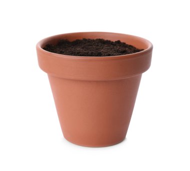 Beyazların üzerinde toprak izole edilmiş şık bir terracotta saksısı.