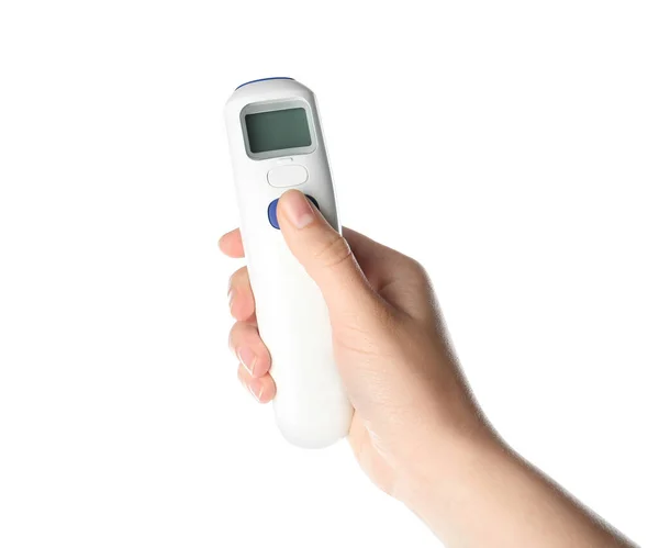 Vrouw Met Contactloze Infrarood Thermometer Witte Achtergrond Close — Stockfoto