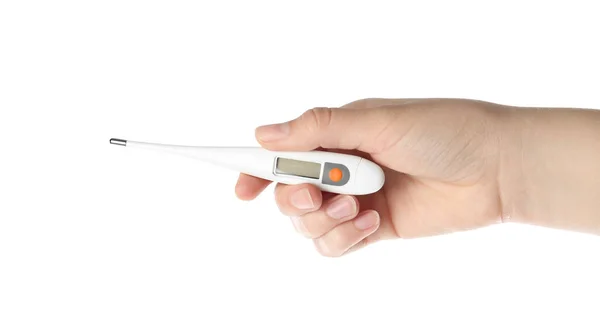 Frau Mit Digitalem Thermometer Auf Weißem Hintergrund Nahaufnahme — Stockfoto