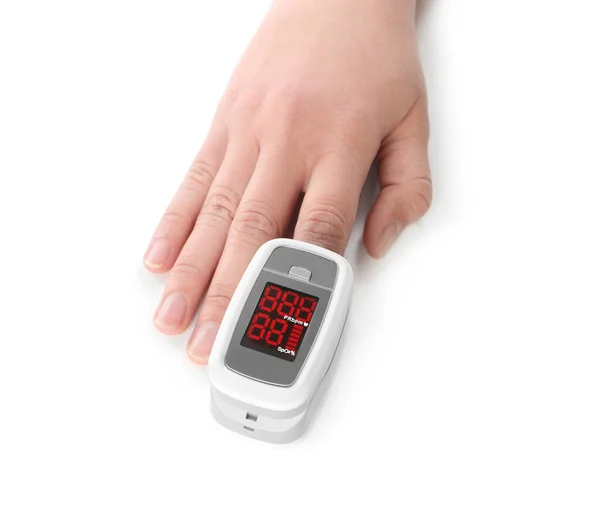 Woman Using Modern Fingertip Pulse Oximeter White Background Closeup — Stock Photo, Image