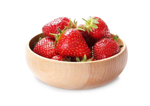 Ripe Strawberries Wooden Bowl Isolated White — Stock Photo, Image