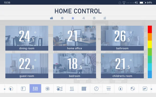 Energy efficiency home control system. Application displaying temperature in different rooms and other settings