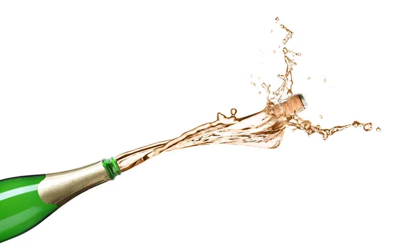 Champagne Splashing Out Bottle White Background — Stock Photo, Image