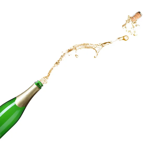Champagne Splashing Out Bottle White Background — Stock Photo, Image