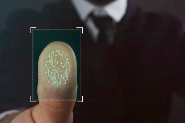 Бизнесмен Использует Биометрический Сканер Отпечатков Пальцев Крупным Планом Пространство Текста — стоковое фото