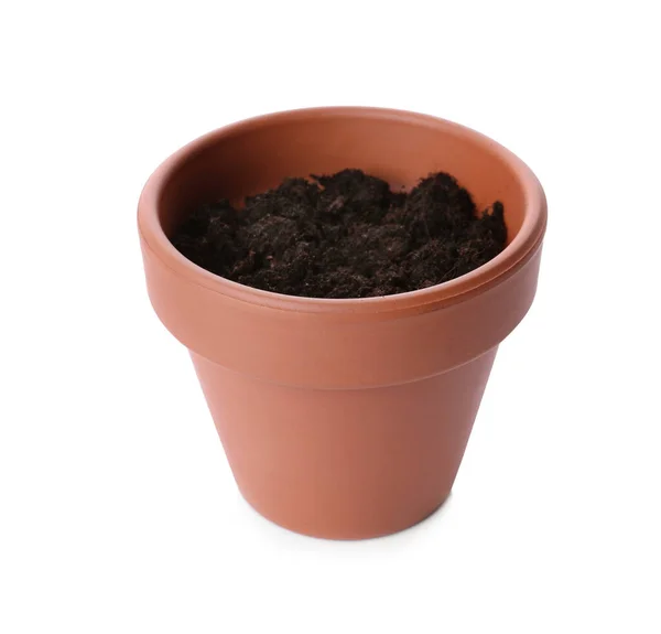 Stylish Terracotta Flower Pot Soil Isolated White — Stock Photo, Image