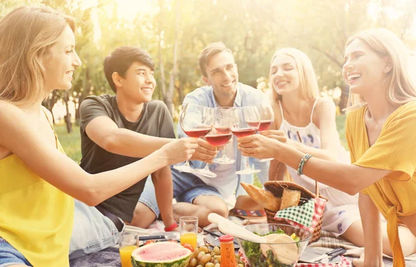 Amigos Felices Haciendo Picnic Parque Día Soleado —  Fotos de Stock