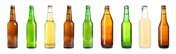 Set Con Diverse Bottiglie Birra Sfondo Bianco Design Banner — Foto Stock