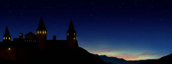 Märchenwelt Prächtige Burg Unter Sternenhimmel Der Nacht Bannerdesign — Stockfoto