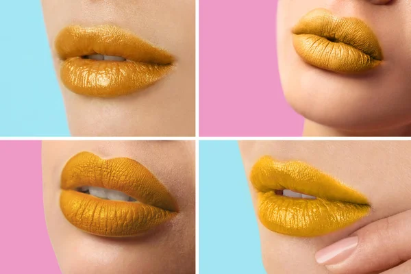 Vrouw Met Mooie Gouden Lippenstift Achtergronden Collage — Stockfoto