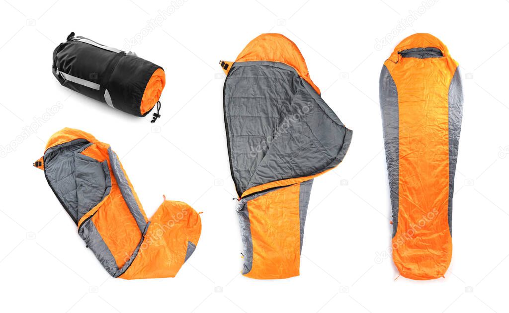 Set of orange sleeping bags on white background