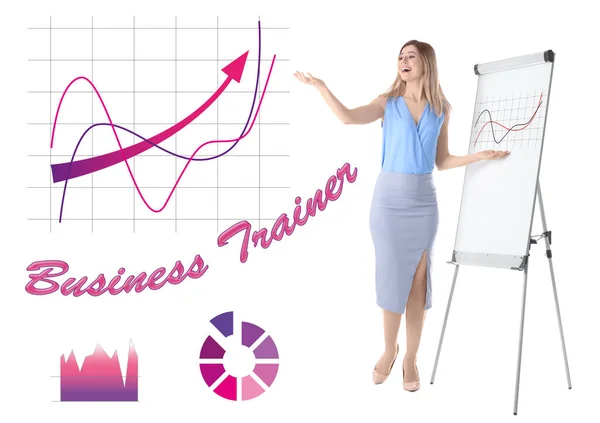 Professionele Business Trainer Geeft Presentatie Graphics Tegen Een Witte Achtergrond — Stockfoto
