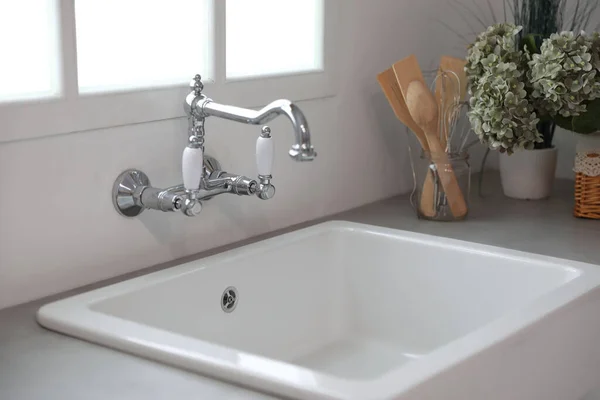 Kitchen Counter New Ceramic Sink Tap — Stock Photo, Image