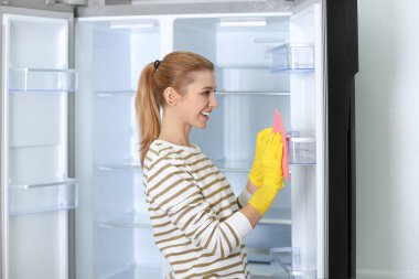 Lastik eldiven boş buzdolabı evde temizlik kadın