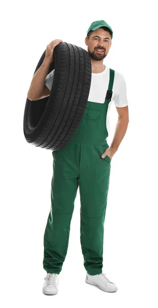 Full Length Portrait Professional Auto Mechanic Tire White Background — Stock Photo, Image