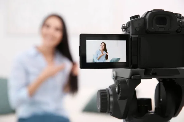 Young Blogger Recording Video Cafe Focus Camera Screen — Stock Photo, Image