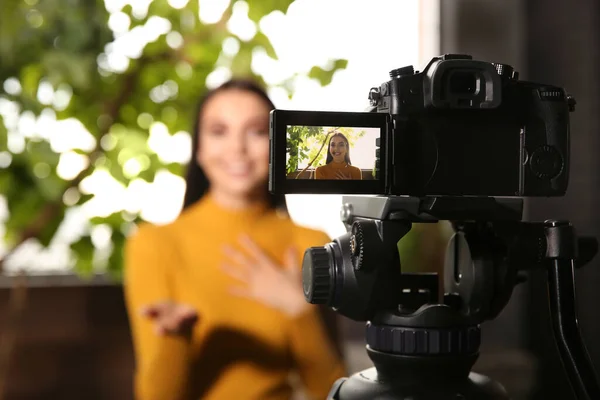 Young Blogger Recording Video Indoors Focus Camera Screen — Stock Photo, Image