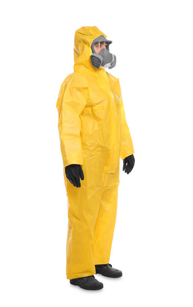 Woman wearing chemical protective suit on white background. Virus research