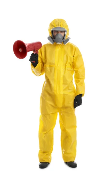 Homem Vestindo Terno Proteção Química Com Megafone Sobre Fundo Branco — Fotografia de Stock