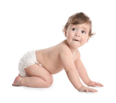 Cute little baby in diaper on white background clipart