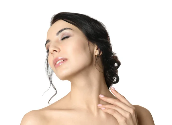 Retrato Mujer Joven Con Hermoso Cabello Sobre Fondo Blanco — Foto de Stock