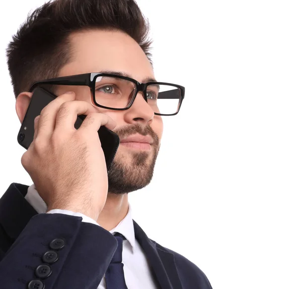 Jovem Empresário Falando Smartphone Contra Fundo Branco — Fotografia de Stock