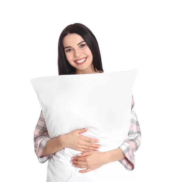 白い背景に枕を持つ若い女性 — ストック写真