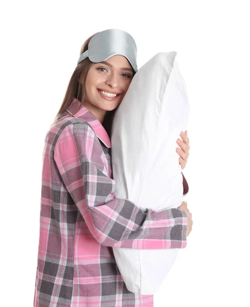 若いです女性とともに枕と睡眠マスク上の白い背景 — ストック写真