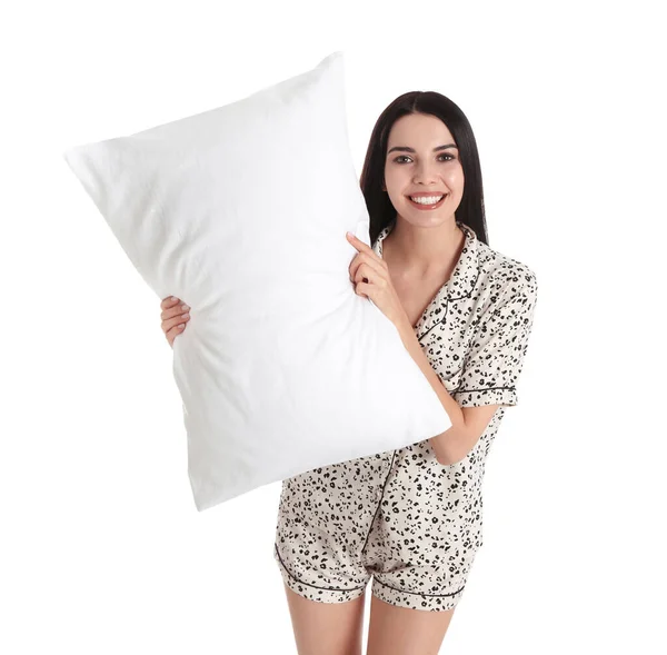 白い背景に枕を持つ若い女性 — ストック写真