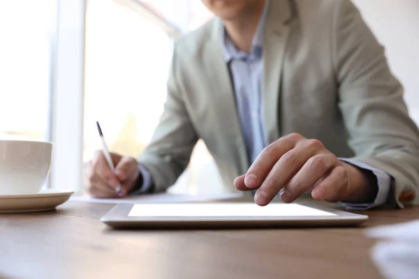 Businessman Working Modern Tablet Wooden Table Office Closeup — Stock Photo, Image