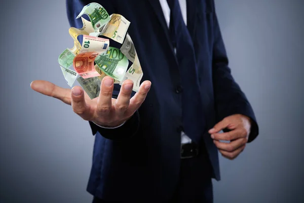 Businessman Money Grey Background Closeup Currency Exchange — Stock Photo, Image