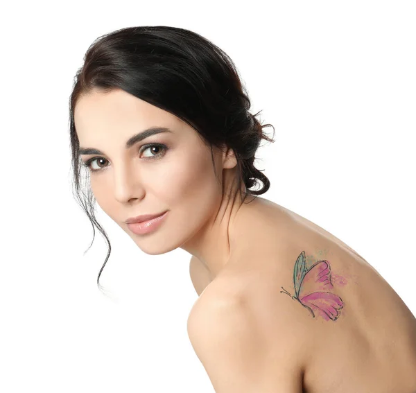 Jonge Vrouw Met Kleurrijke Tatoeage Van Vlinder Haar Lichaam Tegen — Stockfoto