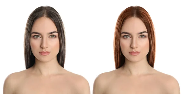 Beyaz Arka Planda Saç Boyama Öncesi Sonrası Güzel Bir Kadın — Stok fotoğraf