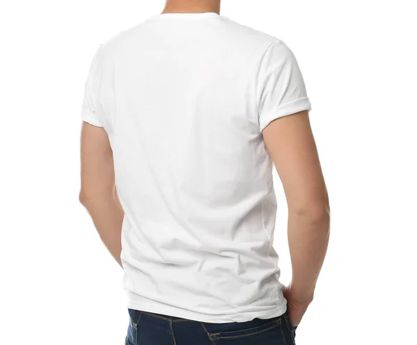Άντρας Μπλουζάκι Λευκό Φόντο Κοντινό Πλάνο Χώρος Για Σχεδιασμό — Φωτογραφία Αρχείου