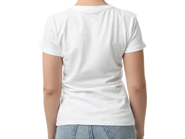 Vrouw Shirt Witte Achtergrond Close Ruimte Voor Ontwerp — Stockfoto