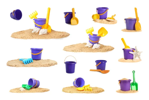 Sada Různých Plastových Plážových Hraček Bílém Pozadí — Stock fotografie