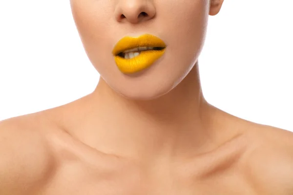 Vrouw Met Gouden Lippenstift Witte Achtergrond Close — Stockfoto