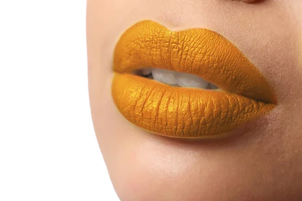 Vrouw Met Gouden Lippenstift Witte Achtergrond Close — Stockfoto