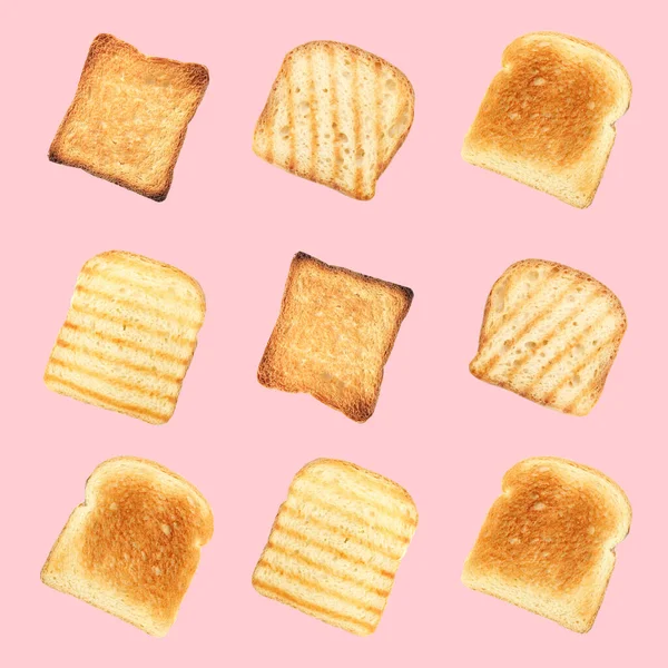 Set Van Heerlijk Geroosterd Brood Roze Achtergrond Bovenaanzicht — Stockfoto