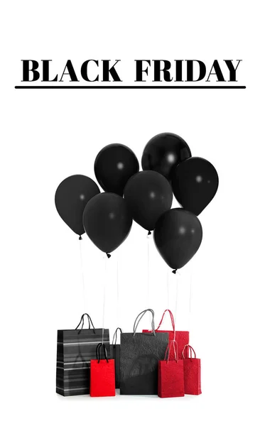 Text Black Friday Bunch Balloons Shopping Bags White Background — Stock Photo, Image