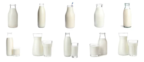 Set Med Olika Glas Färsk Mjölk Vit Bakgrund Banderolldesign — Stockfoto