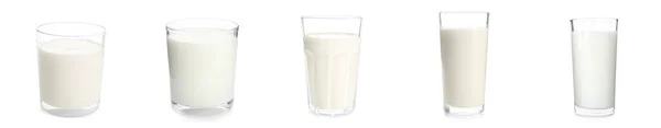 Set Glasses Fresh Milk White Background Banner Design — Stock Photo, Image